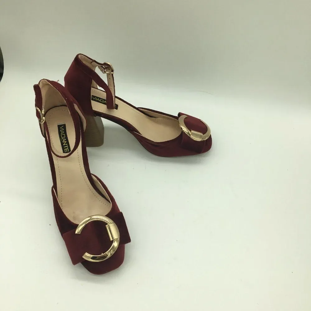 Red Round Toe Pumps Chunky Mid Heel Ankle Strap Dress Shoes - Picture 5 of 10